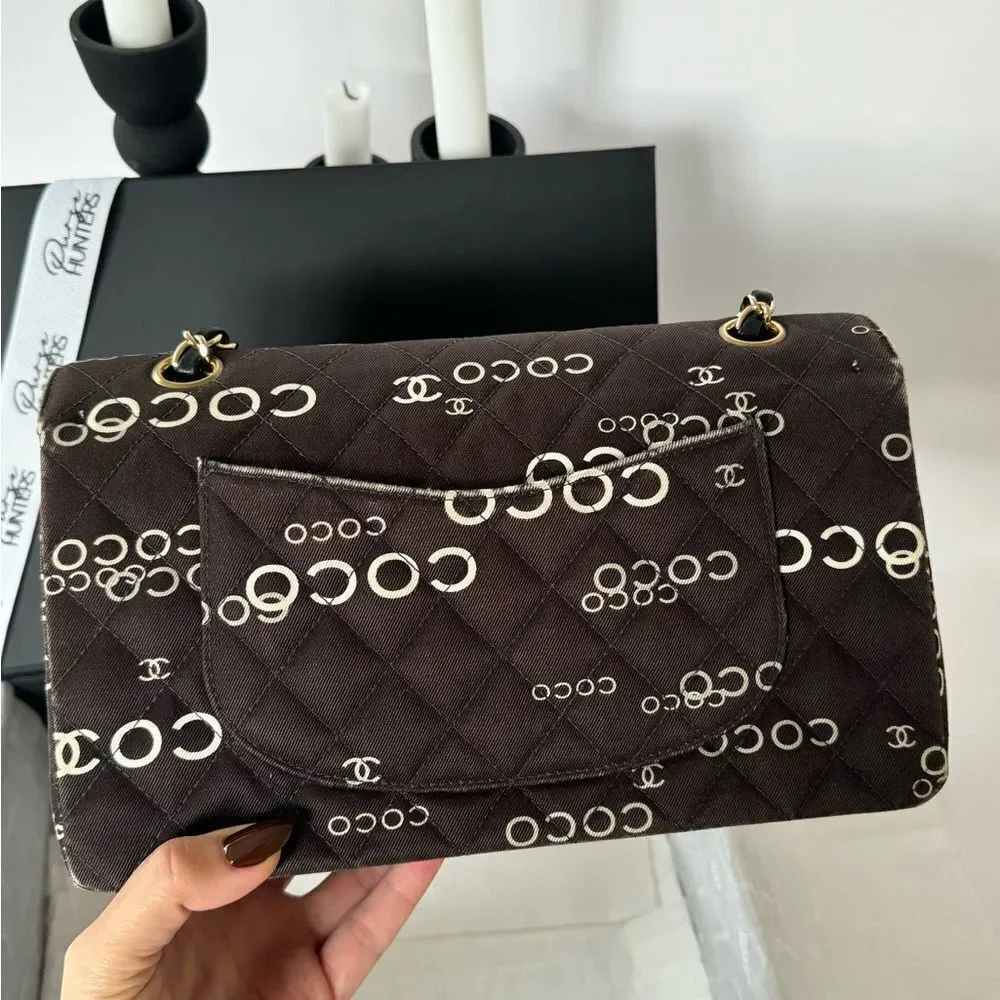Chanel Canvas Coco Print Quilted Medium Classic Flap Double Flap Black White - Picture 10 of 16